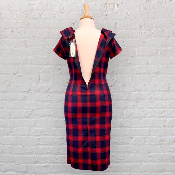 NWT Voodoo Vixen Joan Red Navy Plaid Wiggle Dress Pin Up Rockabilly Kick Pleat - Picture 8 of 14